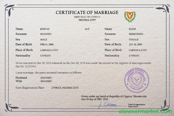 Cyprus marriage certificate PSD template